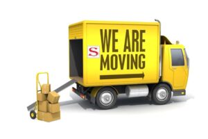 Moving van with "We Are Moving" on the side